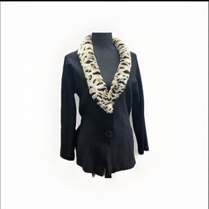 🖤Silk Black Blazer w/ Leopard Collar – Size M